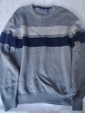 Izod Men's Sweater Size L Heather Gray with Navy Blue & Gray Horizontal Stripes